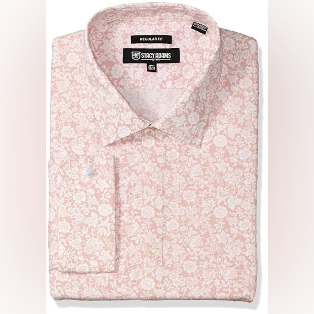 Stacy Adams Men’s Pink White Floral Roses‎ French Cuff Dress Shirt 18 34/35